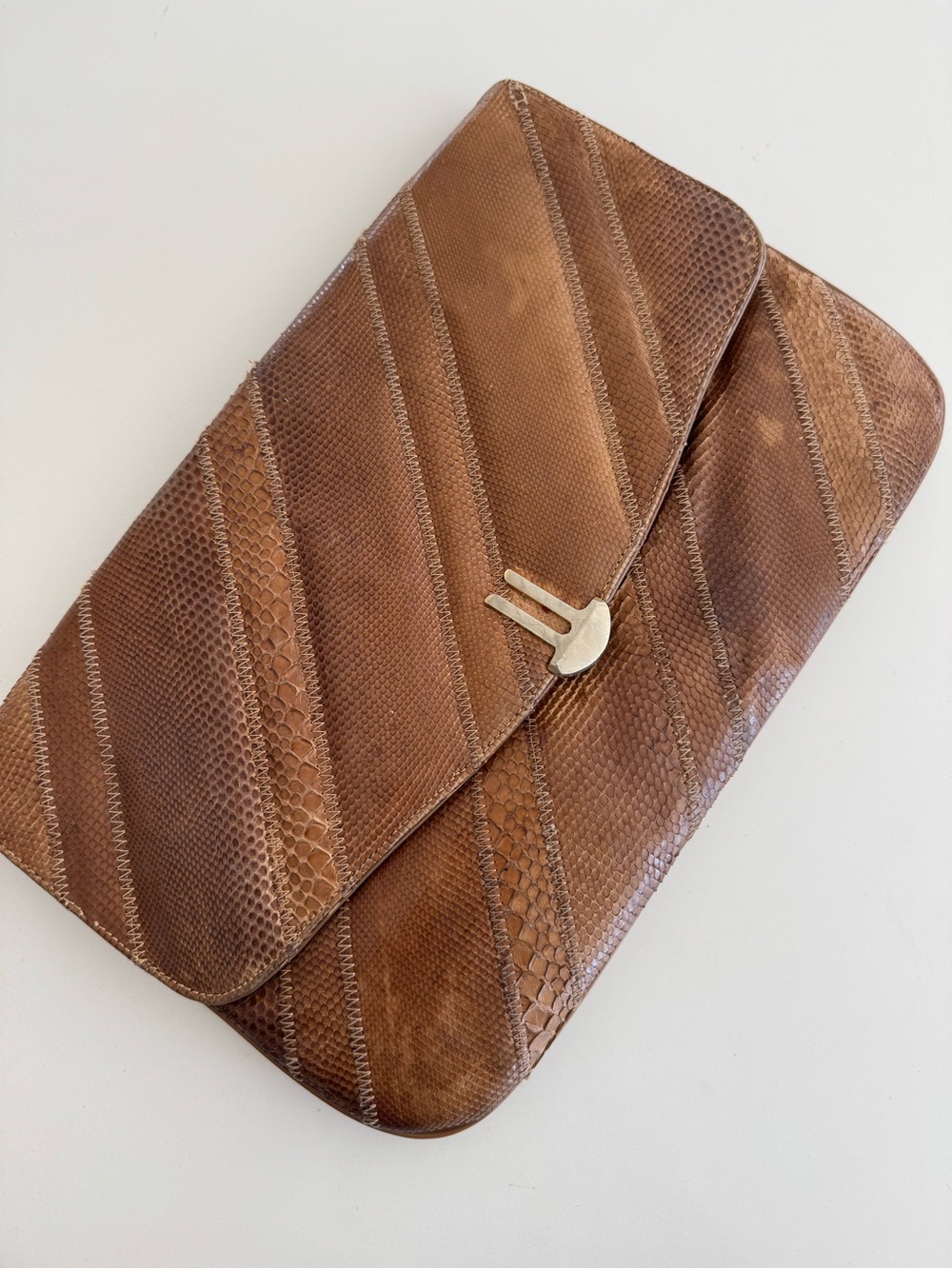 Vintage Brown snakeskin Leather Shoulder Clutch with Textured Panels